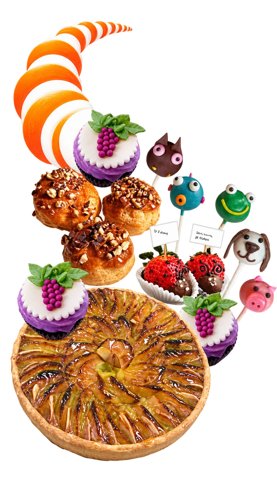 Tarte aux fruits, cake pops décorés et petits gâteaux aux fraises réunis en une cascade gourmande.