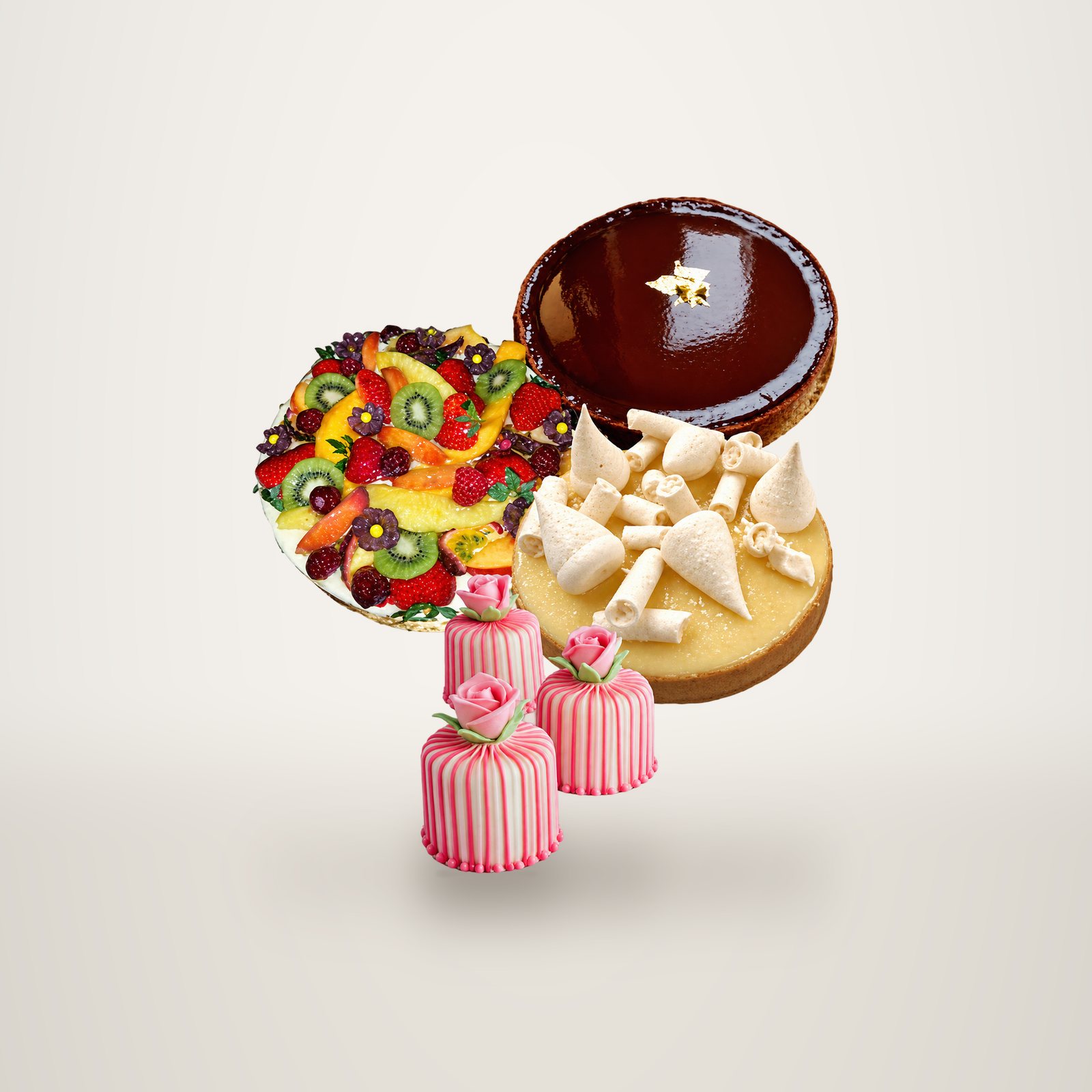 Assortiment de tartes aux fruits, de tartelettes au chocolat et de petits gâteaux roses.