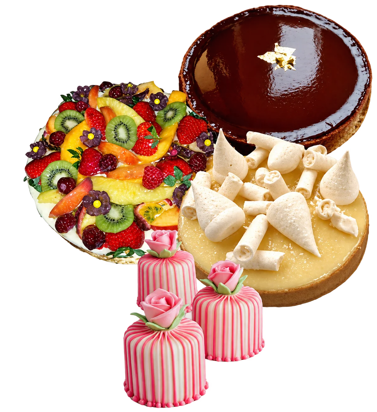 Assortiment de tartes aux fruits, de tartelettes au chocolat et de petits gâteaux roses.