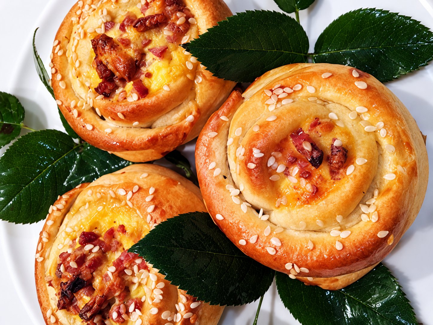 Petits pains briochés roulés en forme de roses, garnis de crème et de lardons, parsemés de sésame.