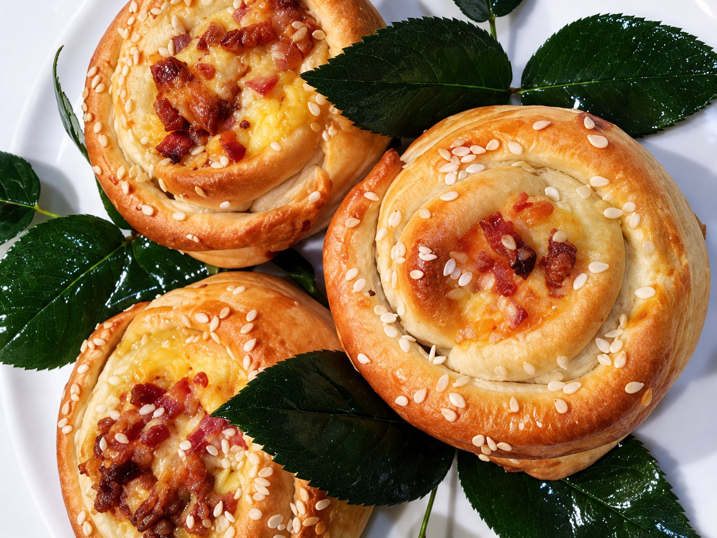 Brioches roulées garnies, parsemées de sésame et posées sur des feuilles.