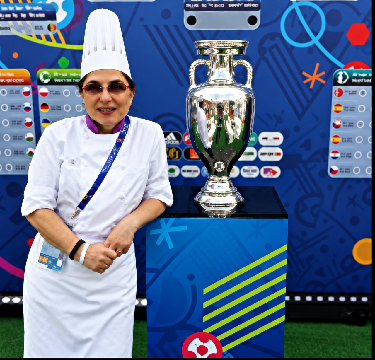 Kristina Silianova en tenue de cheffe, devant le trophée de l'Euro 2016.