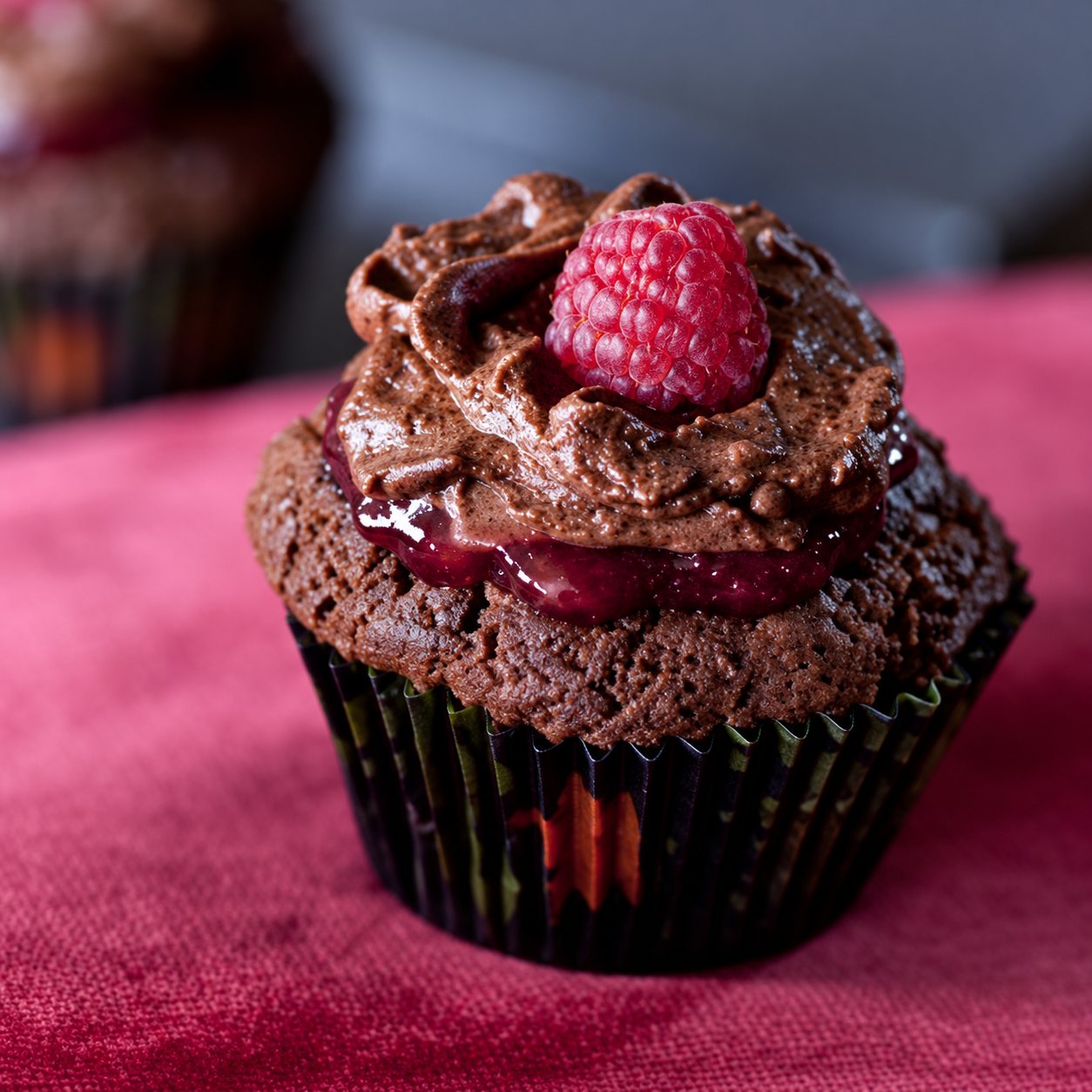 Cupcake au chocolat nappé de crème, surmonté d'une framboise fraîche.