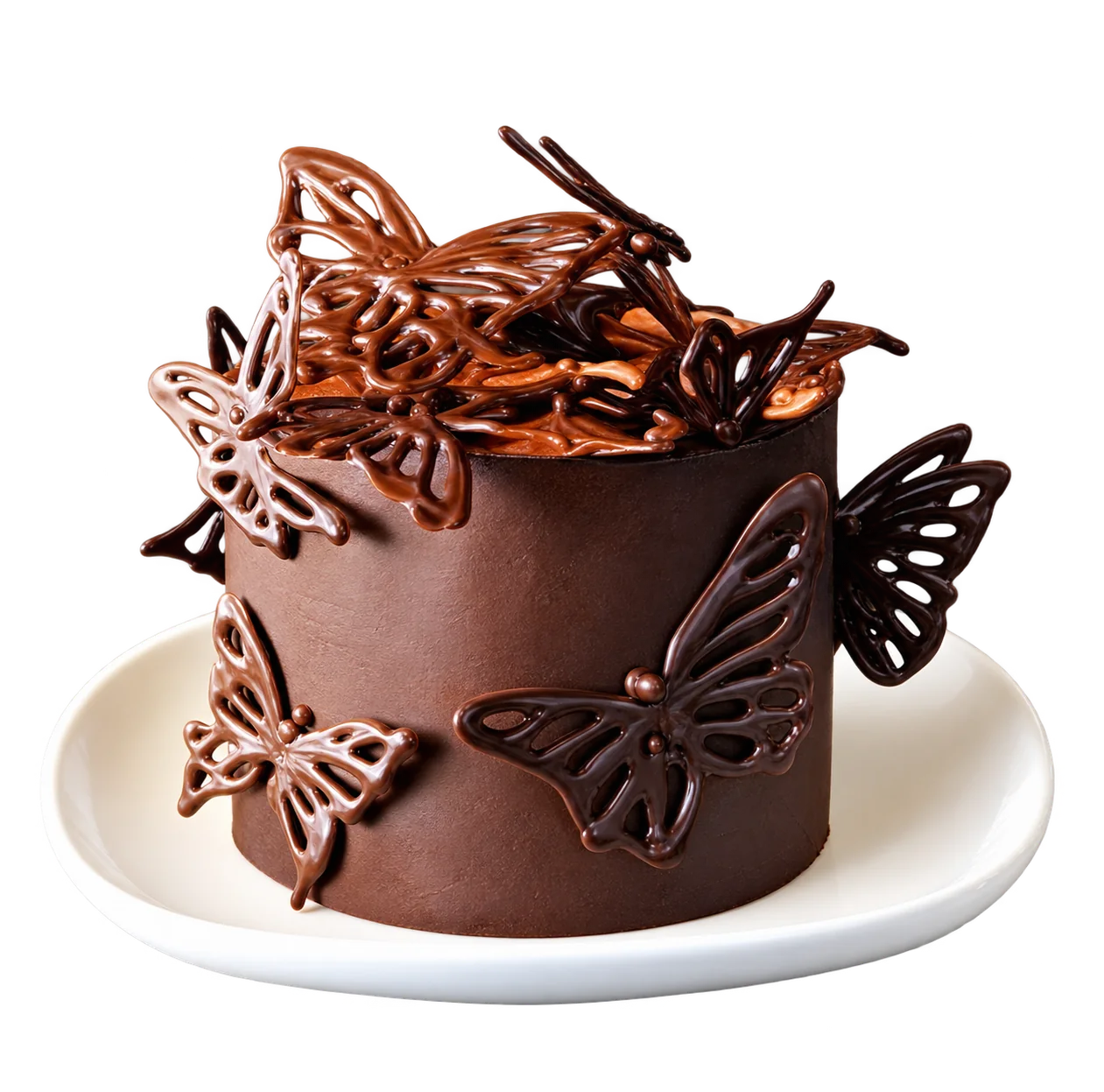 Gâteau au chocolat décoré de papillons en chocolat, posé sur une assiette blanche.
