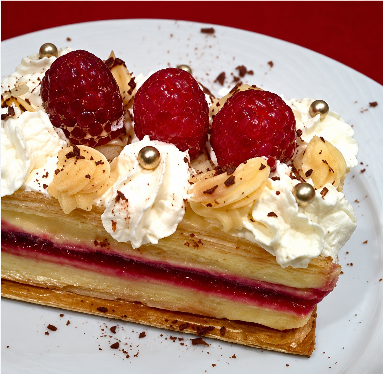 Part de millefeuille garnie de framboises, de chantilly et d'amandes, sur une assiette blanche.