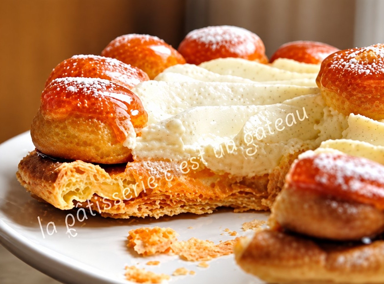 Part de Paris-Brest garnie de crème, posée sur une assiette.