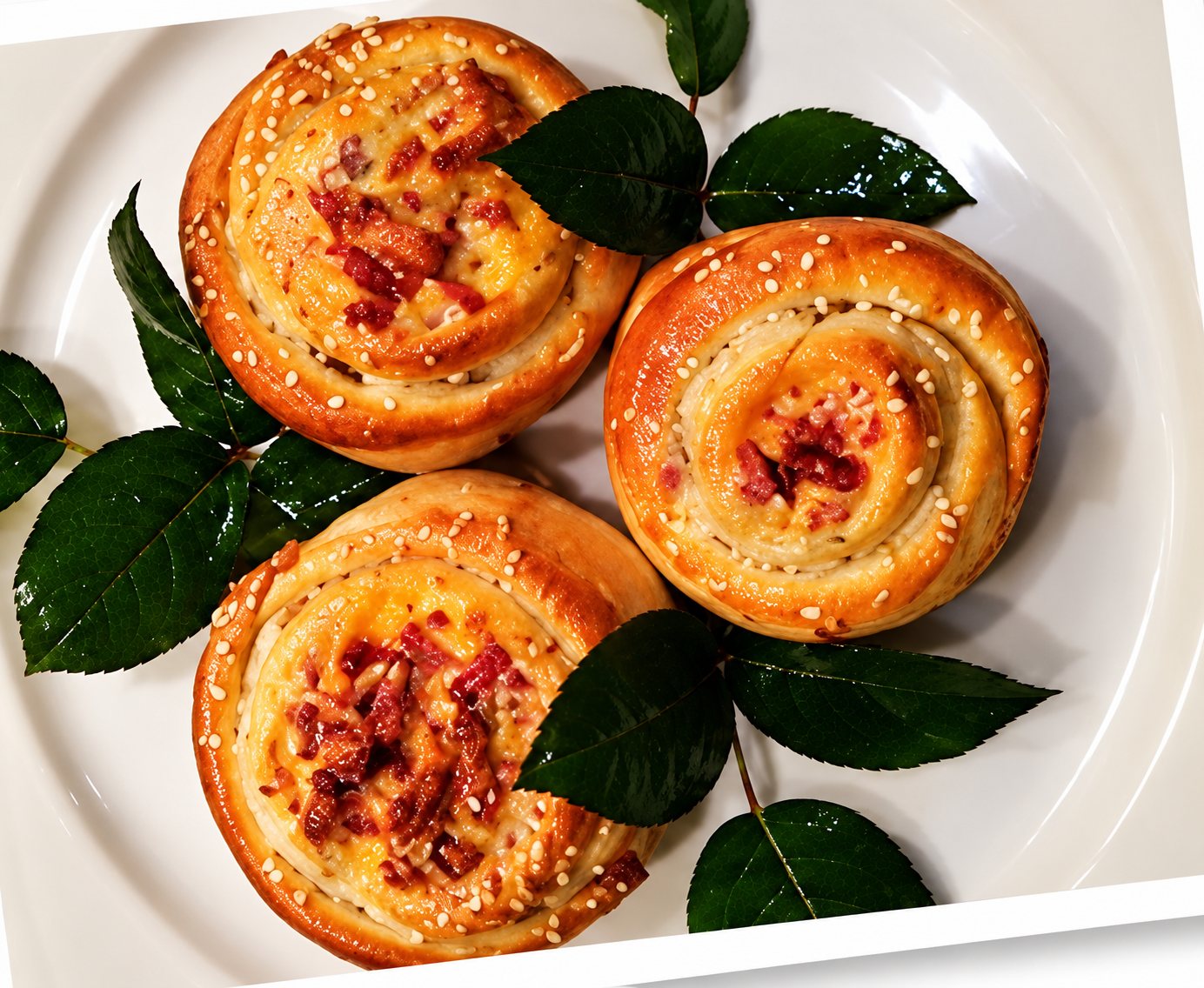 Trois petits pains en forme de roses, cuits et dorés, sur une assiette blanche avec des feuilles.