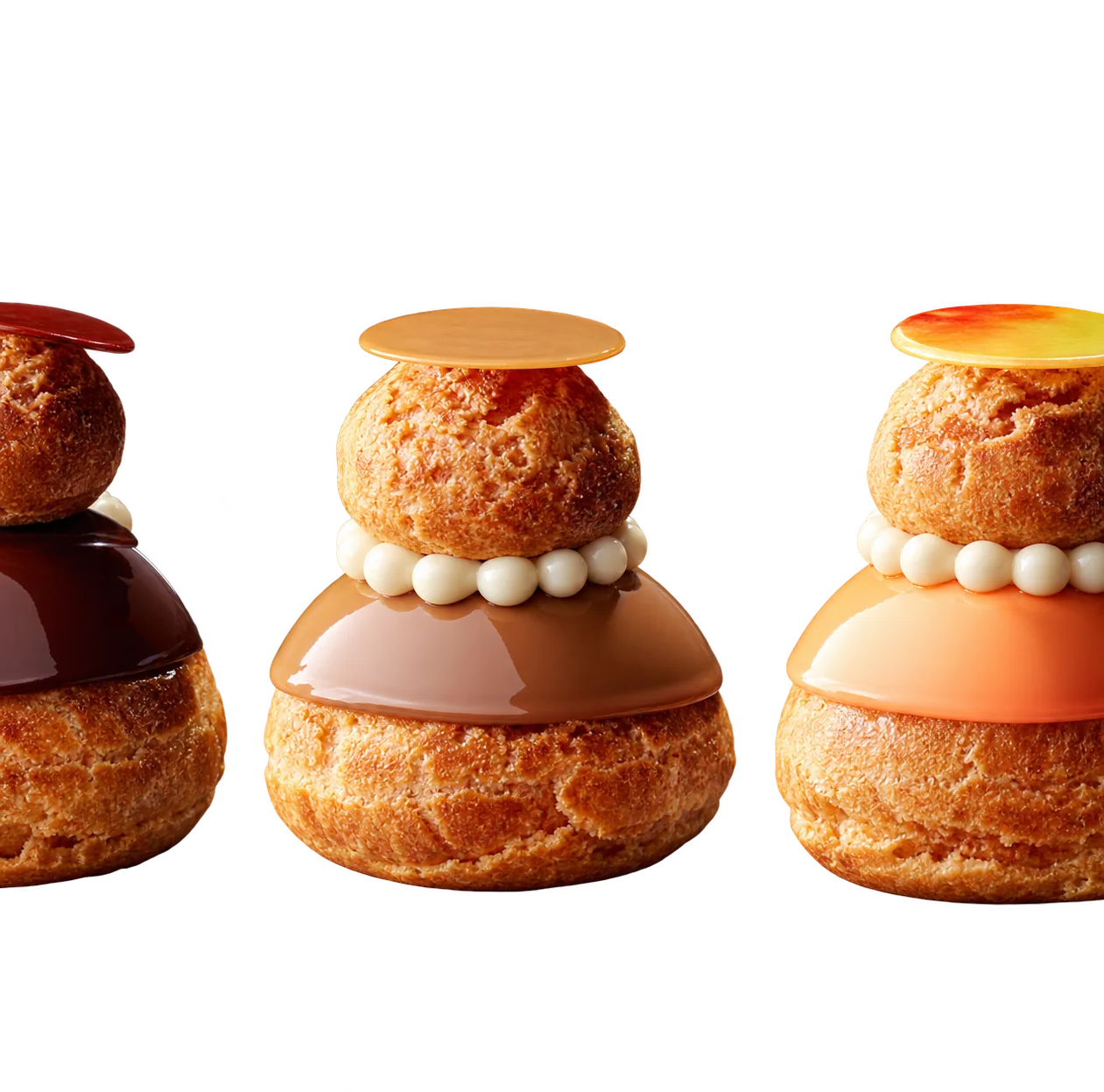Trois religieuses à la pâte à choux, glaçages chocolat, caramel et orange.